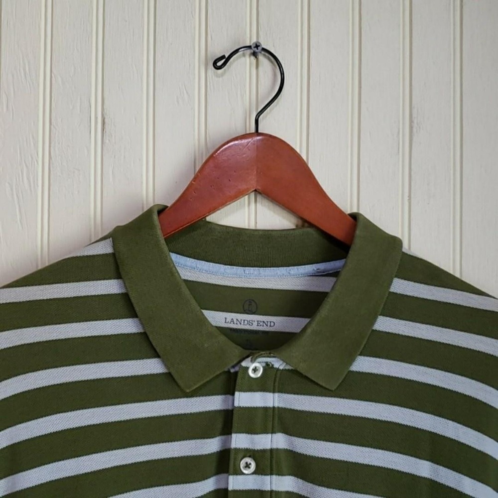 Lands' End Striped Polo Shirt Mens XL Green Short Sleeve Cotton Pique Knit
